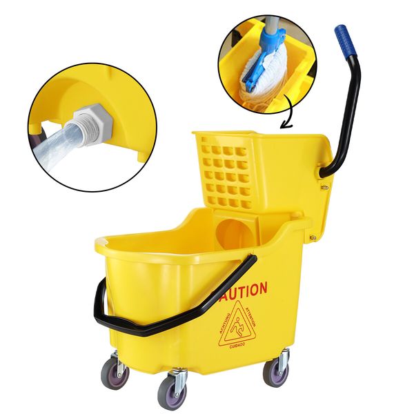 Commercial Mop Bucket Wringer Side Press Home Cleaning Cart Squeezer Combo Hotel All-In-One Heavy-Duty Wheels Yellow 32L