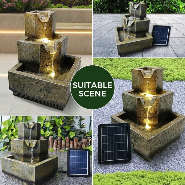 Solar Water Fountain Garden Features Outdoor LED Bird Bath Indoor 3 Tier Battery Panel