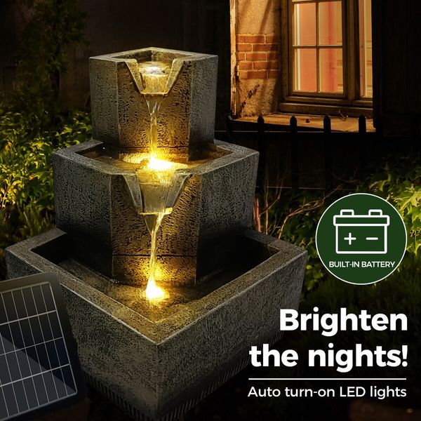 Solar Water Fountain Garden Features Outdoor LED Bird Bath Indoor 3 Tier Battery Panel