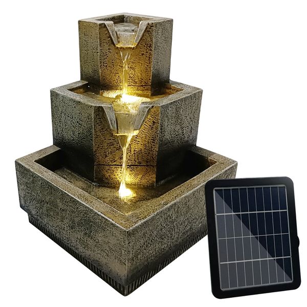 Solar Water Fountain Garden Features Outdoor LED Bird Bath Indoor 3 Tier Battery Panel