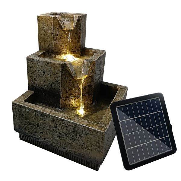 Solar Water Fountain Garden Features Outdoor LED Bird Bath Indoor 3 Tier Battery Panel