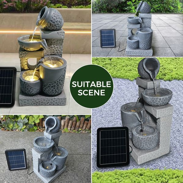 Outdoor Solar Water Fountain Garden Features 4 Tier LED Bird Bath Indoor Rechargeable Panel 