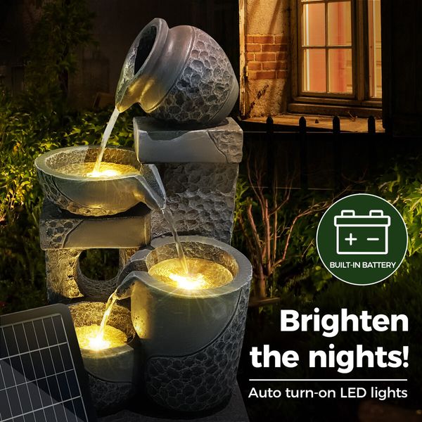 Outdoor Solar Water Fountain Garden Features 4 Tier LED Bird Bath Indoor Rechargeable Panel 