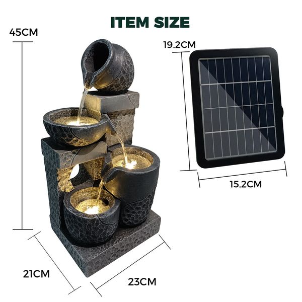 Outdoor Solar Water Fountain Garden Features 4 Tier LED Bird Bath Indoor Rechargeable Panel 