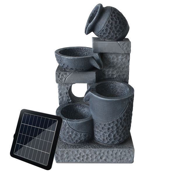 Outdoor Solar Water Fountain Garden Features 4 Tier LED Bird Bath Indoor Rechargeable Panel 