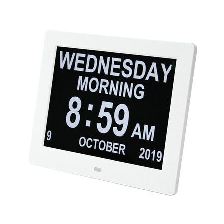 Large Digital Day Clock 8 Alarms Non-Abbreviated Day Month Vision Impaired Seniors White 8-inch 3-interface Display