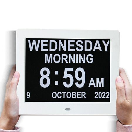 Large Digital Day Clock 8 Alarms Non-Abbreviated Day Month Vision Impaired Seniors White 8-inch 3-interface Display