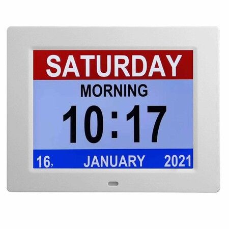 Large Digital Day Clock 8 Alarms Non-Abbreviated Day Month Vision Impaired Seniors White 8-inch 3-interface Display