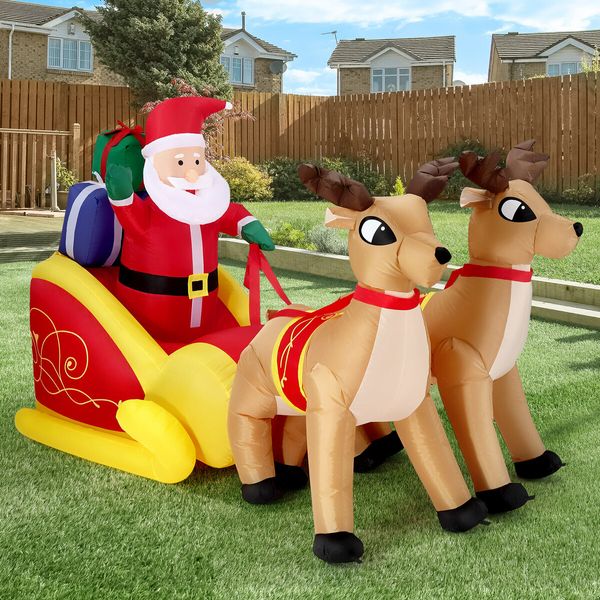 Christmas Santa Claus Sleigh Reindeer Decor Inflatable Decoration Xmas Light Holiday Ornament Blow Up Outdoor Built In LED 220cm