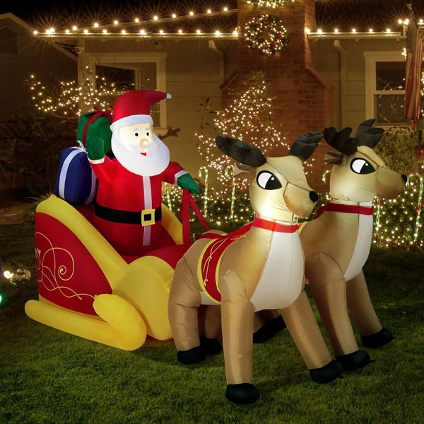 Christmas Santa Claus Sleigh Reindeer Decor Inflatable Decoration Xmas Light Holiday Ornament Blow Up Outdoor Built In LED 220cm