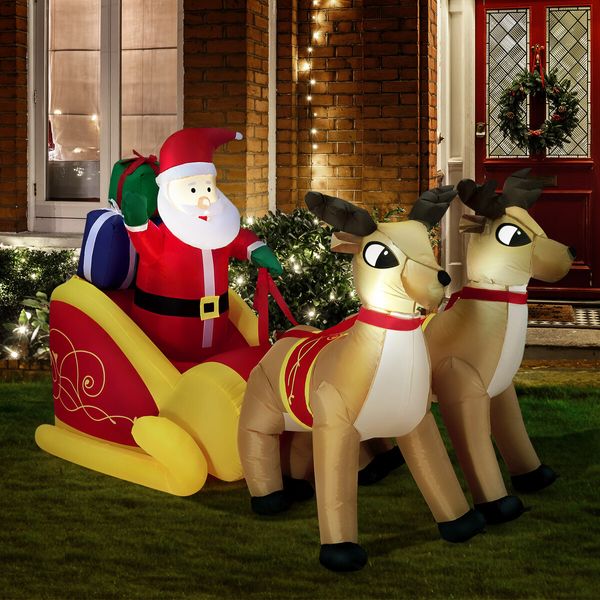 Christmas Santa Claus Sleigh Reindeer Decor Inflatable Decoration Xmas Light Holiday Ornament Blow Up Outdoor Built In LED 220cm