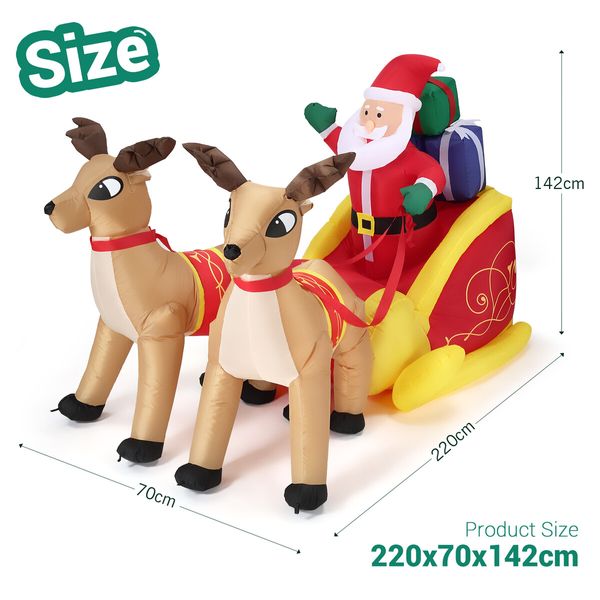 Christmas Santa Claus Sleigh Reindeer Decor Inflatable Decoration Xmas Light Holiday Ornament Blow Up Outdoor Built In LED 220cm