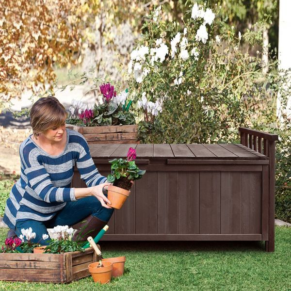 Outdoor Storage Box Wooden Garden Bench Toy Tool Cabinet Patio Bin Deck Outside Container