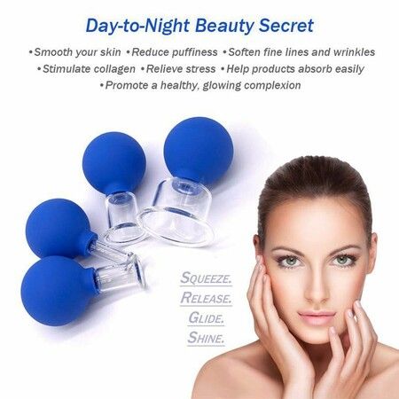 4 Pieces Glass Cupping Set Silicone Massage Vacuum Suction Cups for Body Face Leg Arm Back Shoulder Muscle(Blue)