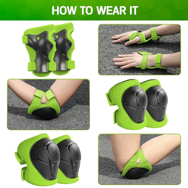 6 PCS Kids Protective Gear Set Knee Pads for Kids Toddler with Wrist Guards 3 in 1 for Skating Cycling Bike Rollerblading Scooter?Green)