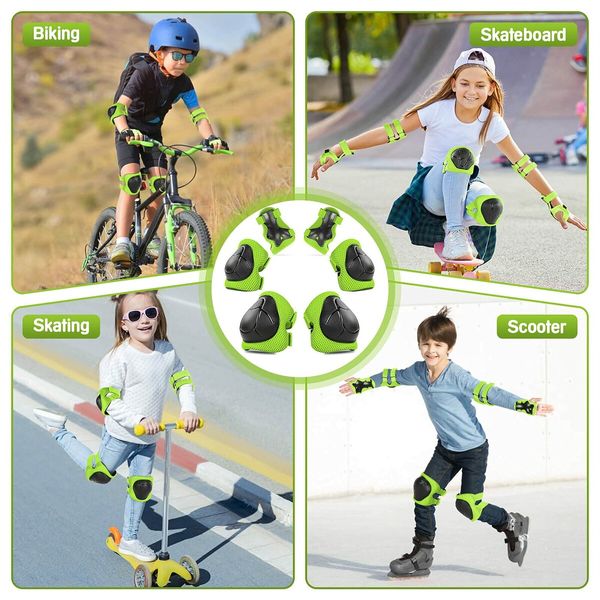 6 PCS Kids Protective Gear Set Knee Pads for Kids Toddler with Wrist Guards 3 in 1 for Skating Cycling Bike Rollerblading Scooter?Green)
