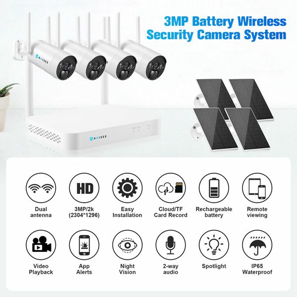 Wifi Security Cameras 4 Set Wireless CCTV Home Spy Surveillance System Outdoor With 8CH NVR Solar Panel Battery