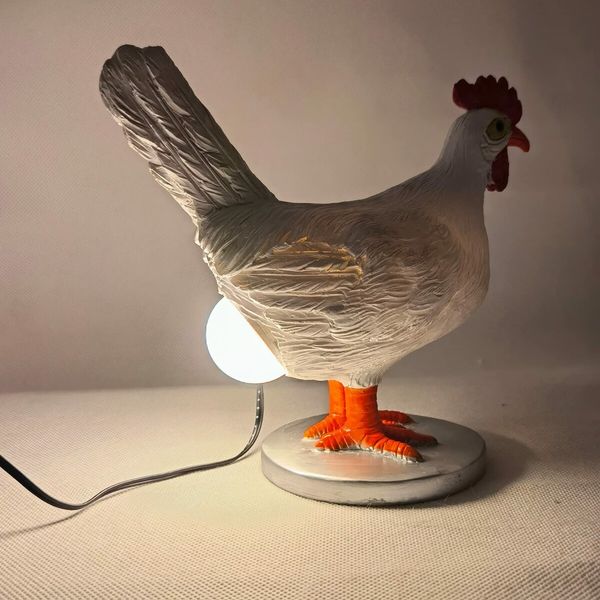 3D Chicken Statues Egg Lamp, Chicken Egg Night Light Table Lamp, Resin ,  Chicken Egg Look  LED Lamp, White