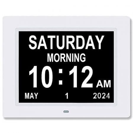 Large Digital Day Clock 8 Alarms Non-Abbreviated Day Month Vision Impaired Seniors White 8-inch 3-interface Display