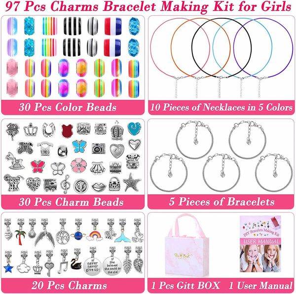 97 PCs Charm Bracelet Making Kit With Beads Jewelry Charms Bracelets for DIY Craft Jewelry Gift for Teen Girls