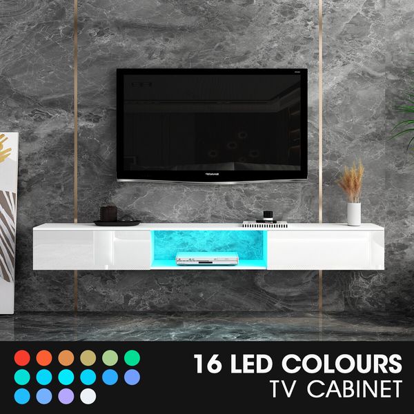 Wall Mounted TV Cabinet White LED Entertainment Unit Floating Stand Console Bench Open Storage Shelf 2 Drawers High Gloss Front Wood Furniture 200cm