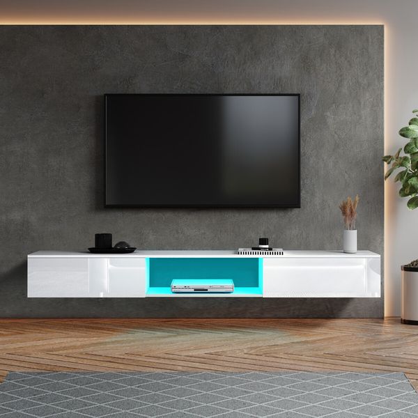 Wall Mounted TV Cabinet White LED Entertainment Unit Floating Stand Console Bench Open Storage Shelf 2 Drawers High Gloss Front Wood Furniture 200cm