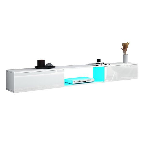 Wall Mounted TV Cabinet White LED Entertainment Unit Floating Stand Console Bench Open Storage Shelf 2 Drawers High Gloss Front Wood Furniture 200cm