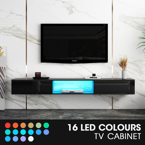 Wall Mounted TV Cabinet Black LED Entertainment Unit Floating Stand Console Bench Open Storage Shelf 2 Drawers High Gloss Front Wood Furniture 200cm