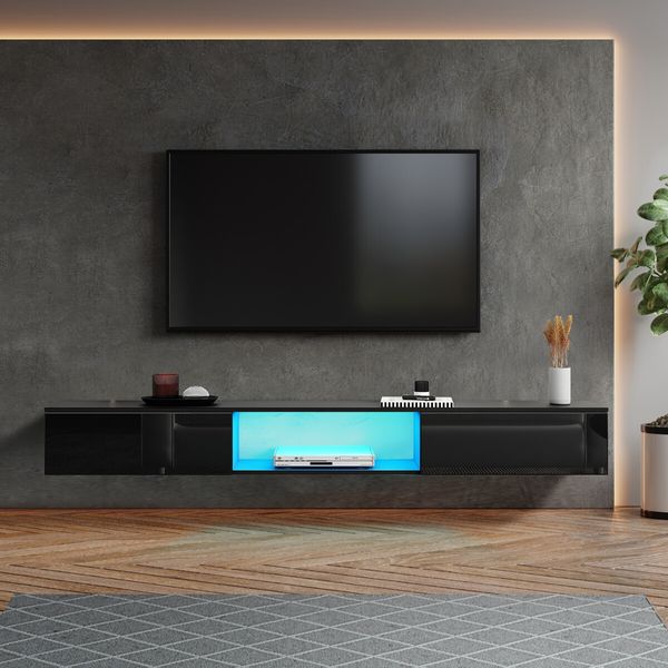 Wall Mounted TV Cabinet Black LED Entertainment Unit Floating Stand Console Bench Open Storage Shelf 2 Drawers High Gloss Front Wood Furniture 200cm