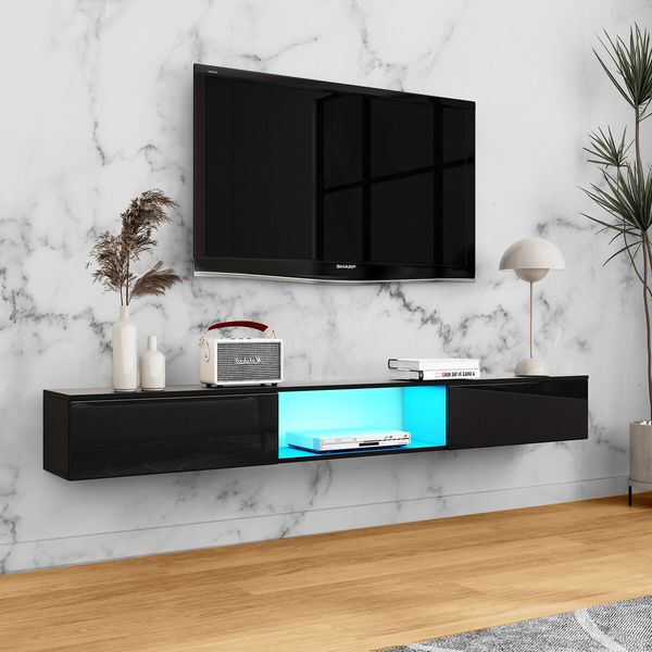 Wall Mounted TV Cabinet Black LED Entertainment Unit Floating Stand Console Bench Open Storage Shelf 2 Drawers High Gloss Front Wood Furniture 200cm