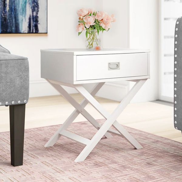 White Bedside End Table With Drawer Storage Cabinet Modern Small Nightstand Wooden Living Room