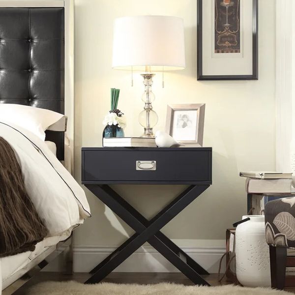 Black End Bedside Table With Drawer Modern Wooden Storage Cabinet Small Nightstand Living Room