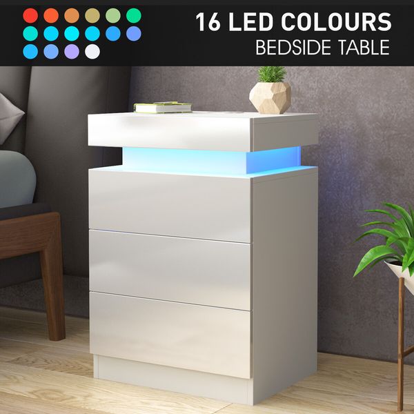 White Bedside Table Chest of 3 Drawers Nightstand Bedroom Dresser Storage Cabinet Wooden Modern LED Lights Wireless Charging 3 USB Ports High Gloss Front