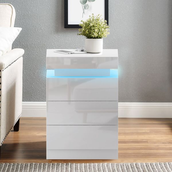 White Bedside Table Chest of 3 Drawers Nightstand Bedroom Dresser Storage Cabinet Wooden Modern LED Lights Wireless Charging 3 USB Ports High Gloss Front