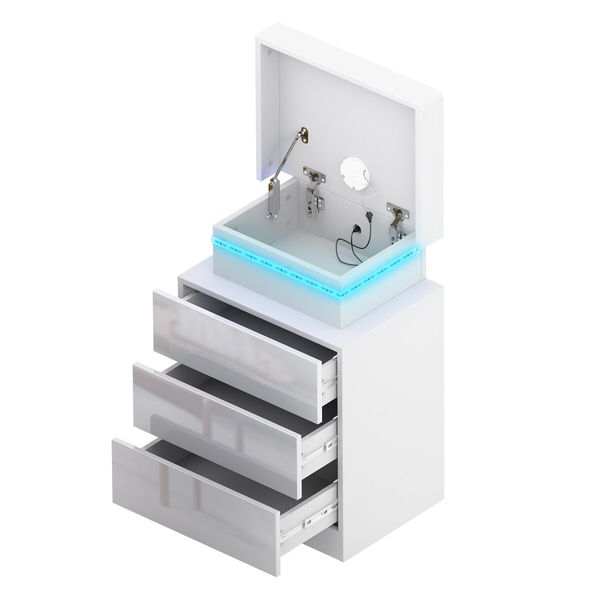 White Bedside Table Chest of 3 Drawers Nightstand Bedroom Dresser Storage Cabinet Wooden Modern LED Lights Wireless Charging 3 USB Ports High Gloss Front