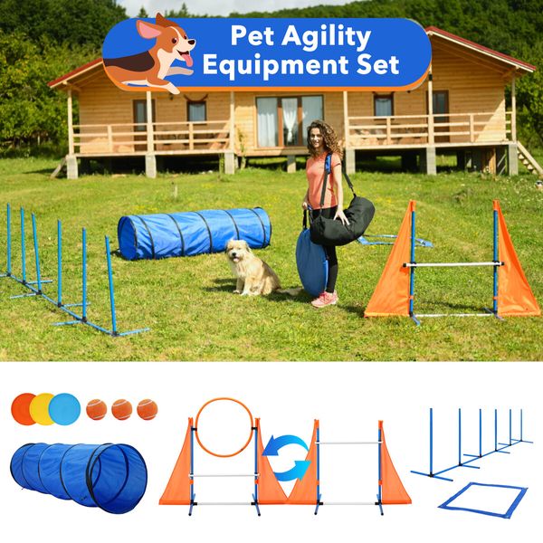 Dog Agility Equipment Obstacle Training Course 7 Set Pet Toys Supplies Hurdle Jump Tire Tunnel Pause Box Weave Poles Frisbees Balls Carry Bags