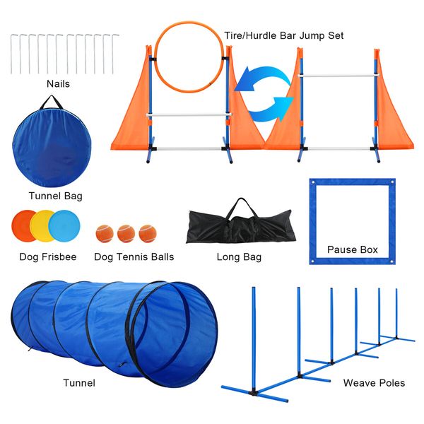 Dog Agility Equipment Obstacle Training Course 7 Set Pet Toys Supplies Hurdle Jump Tire Tunnel Pause Box Weave Poles Frisbees Balls Carry Bags