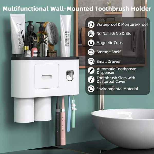 Bathroom Toothbrush Holder Wall Mounted Automatic Toothpaste Dispenser - Electric Toothbrush Holder with Toothpaste Squeezer,Magnetic Cup,Storage Drawer and 4 Toothbrush Organizer Slots(Grey,2 cups)