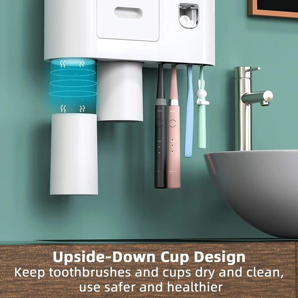 Bathroom Toothbrush Holder Wall Mounted Automatic Toothpaste Dispenser - Electric Toothbrush Holder with Toothpaste Squeezer,Magnetic Cup,Storage Drawer and 4 Toothbrush Organizer Slots(Grey,2 cups)