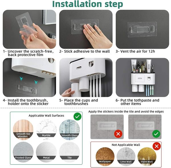 Bathroom Toothbrush Holder Wall Mounted Automatic Toothpaste Dispenser - Electric Toothbrush Holder with Toothpaste Squeezer,Magnetic Cup,Storage Drawer and 4 Toothbrush Organizer Slots(Black,2 cups)