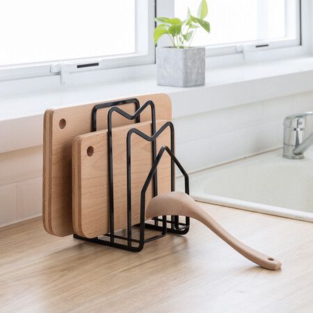 Cutting Board Metal Rack Baking Tray Cutting Rack Card Holder Kitchen Organizer Storage-Black