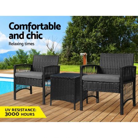 Gardeon 3PC Outdoor Bistro Set Patio Furniture Wicker Dining Chairs Table Cushion Black