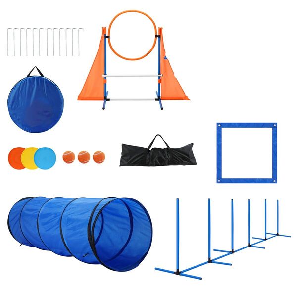 Dog Agility Equipment Obstacle Training Course 7 Set Pet Toys Supplies Hurdle Jump Tire Tunnel Pause Box Weave Poles Frisbees Balls Carry Bags