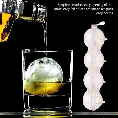 Ice Mold 4-Cavity Whiskey Cocktail Tray Reusable Round Ice Cube Ball Mould with Lid for Home Bar