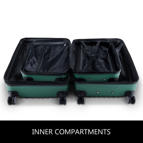 2 Piece Luggage Set Carry On Travel Suitcases Cabin Hard Shell Case Bags Lightweight Rolling Trolley with Wheels TSA Lock Green 