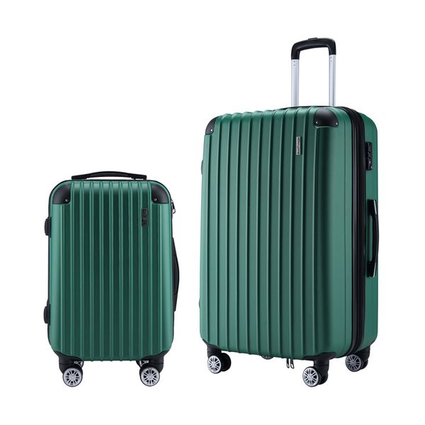 2 Piece Luggage Set Carry On Travel Suitcases Cabin Hard Shell Case Bags Lightweight Rolling Trolley with Wheels TSA Lock Green 