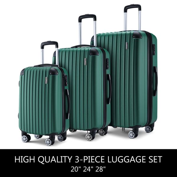 3 Piece Luggage Set Carry On Suitcases Travel Cabin Bags Hard Shell Case with Wheels Lightweight Rolling Trolley TSA Lock 2 Covers Green