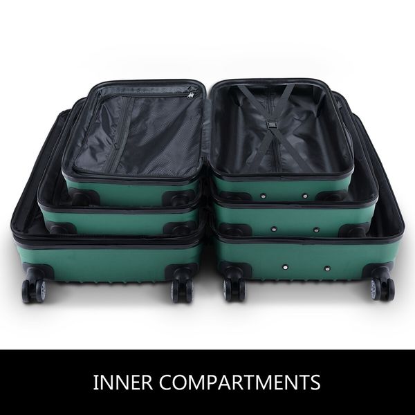 3 Piece Luggage Set Carry On Suitcases Travel Cabin Bags Hard Shell Case with Wheels Lightweight Rolling Trolley TSA Lock 2 Covers Green