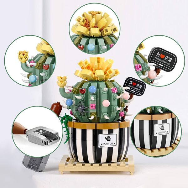 721 Pcs Mini Bulbous Cactus Bonsai Building Blocks Set DIY Decoration Artificial Flowers Bouquet Plant Building Bricks Toy