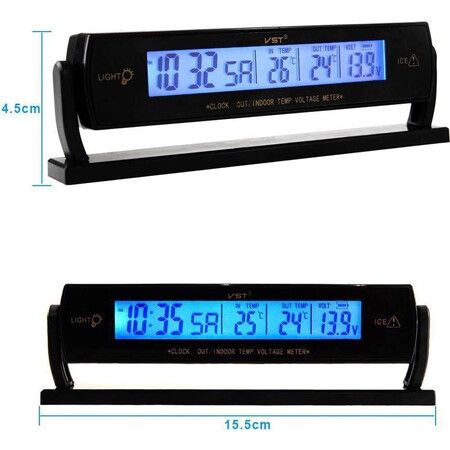 Multifunctional Car Clock Calendar Blue Backlight Inside Outside Voltmeter Thermometer Voltage Meter